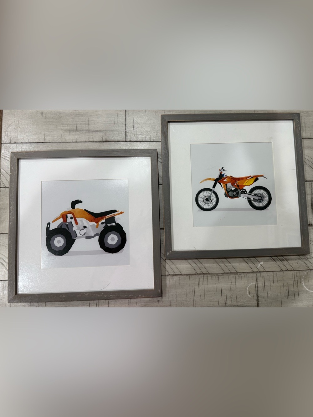 Set of Two Orange Motorcycle Art Prints in Gray Frames
